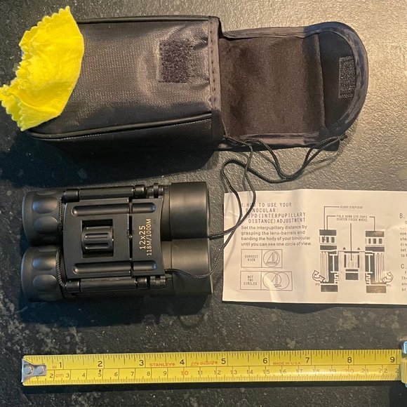12x25 Binoculars w/ Carry Case, Strap, Cloth, Instructions - Picture 4 of 9